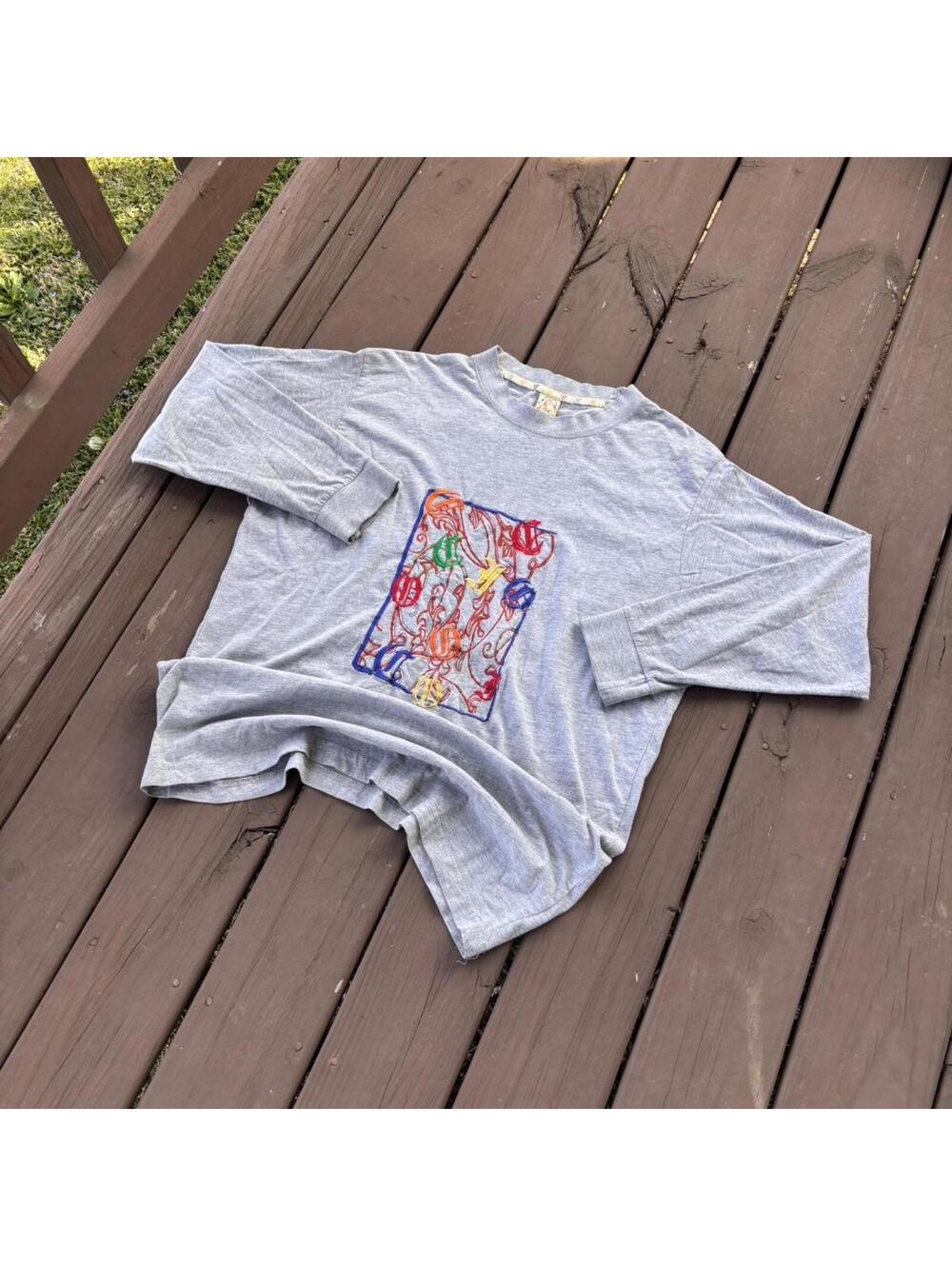 Coogi Embroidered Long Sleeve Shirt Men’s XL Gray Colorful Tee Streetwear 24x30